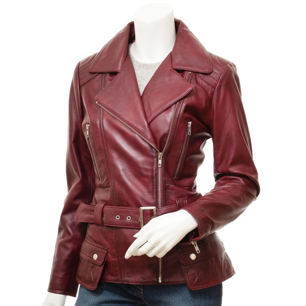 WOMENS BURGUNDY LEATHER BIKER JACKET COCOA