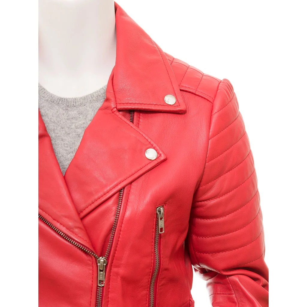 WOMENS RED LEATHER BIKER JACKET ANGELICA - M