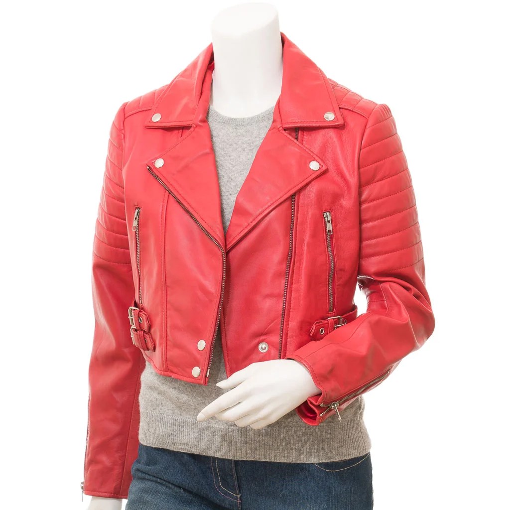 WOMENS RED LEATHER BIKER JACKET ANGELICA - S
