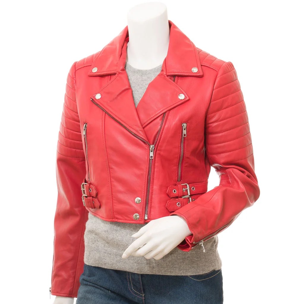 WOMENS RED LEATHER BIKER JACKET ANGELICA